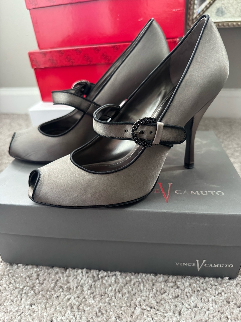 Vince Camuto Gray Satin Mary Jane Peep-Toe Heels